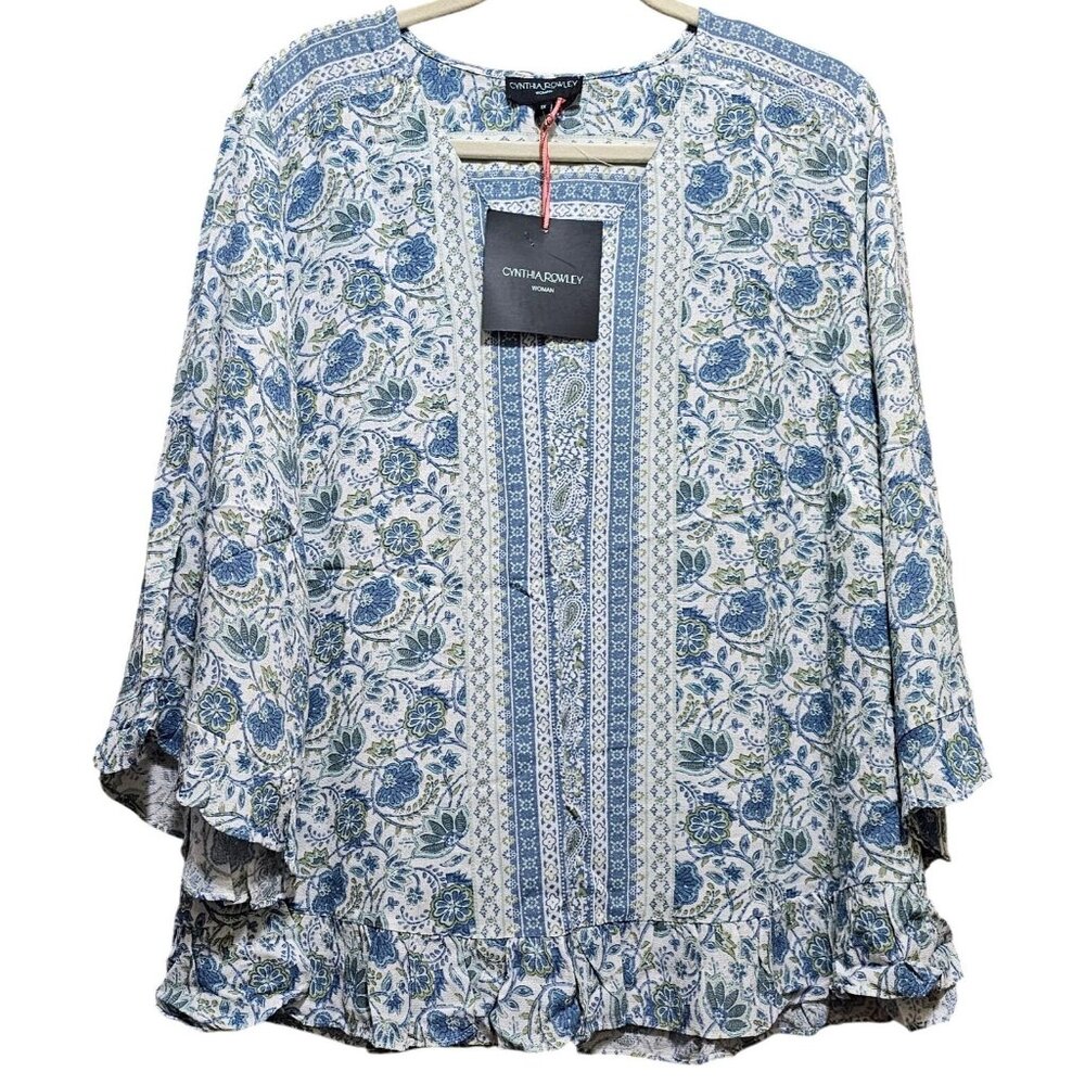 Cynthia‎ Rowley Women's Blue & White Floral Print Blouse Size IX - Picture 3 of 11